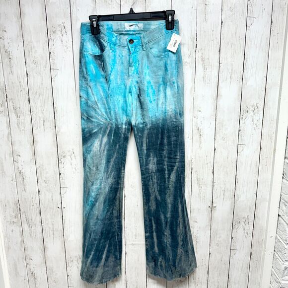 Guess Pants Sz 23 Brittney Flare Y2K Wide Leg Blue Tie-Dye Linen 90's 100% Linen - Picture 1 of 5